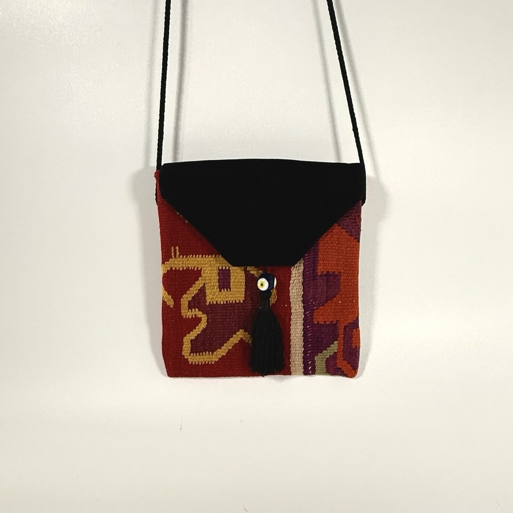 Vtg Turkish Carpet Kilim Wool Leather Crossbody Shoulder Bag Made In Turkey